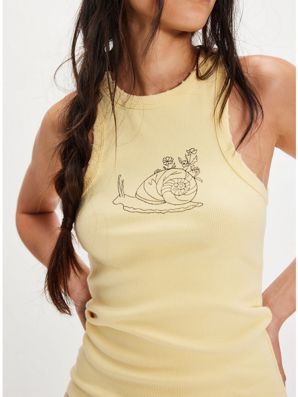 Free People Denim and Bone Fairies Tank Top Medium yellow snail Print